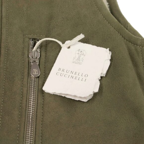 NEW $7995 Brunello Cucinelli Shearling Moto Style Vest! M Mossy Green Fine Suede - Picture 5 of 7